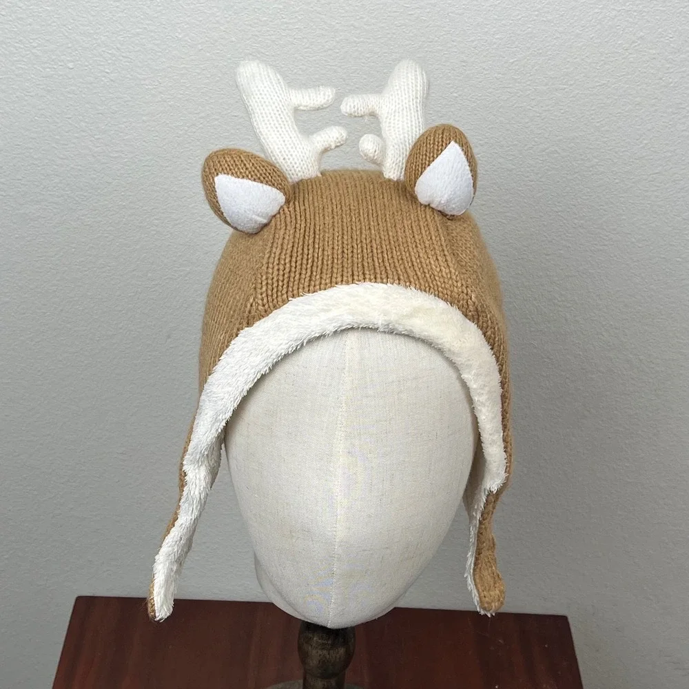 LL Bean Reindeer Critter Beanie Kids 12-24M Brown Knit Fleece Lined Trapper Hat